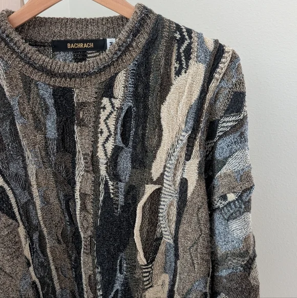 Vintage 90's Coogi Style Abstract Texture Chunky Crewneck Sweater In Tan/Black - Picture 2 of 8